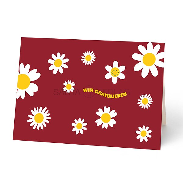 Bild 1 - Gl�ckwunschkarte mit G�nsebl�mchen auf einem roten Hintergrund