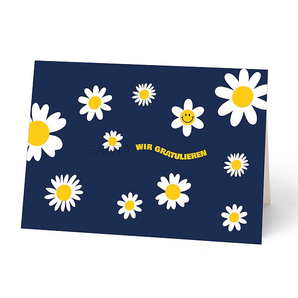 Bild 1 - Gl�ckwunschkarte mit G�nsebl�mchen auf einem blauen Hintergrund
